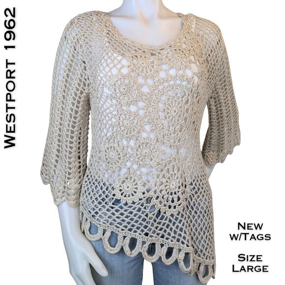 New Westport 1962 Crochet Tunic Top Large Beige Open Knit Boho Coastal Festival - Picture 1 of 11